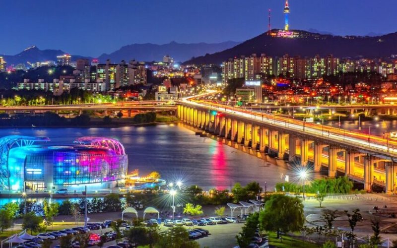 han river in night at seoul korea